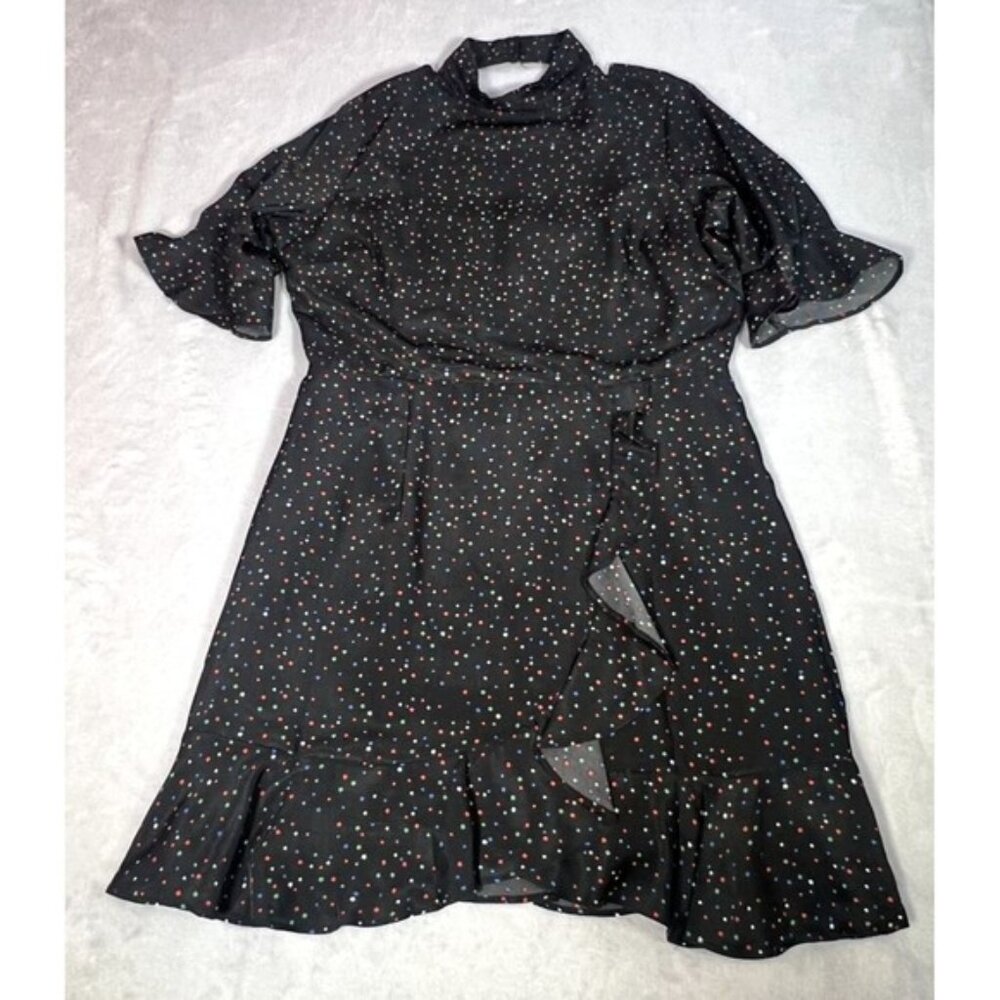 Sugar + Lips Dress Women L Black Faux Wrap Ruffle Star Print Mock Neck Open Back